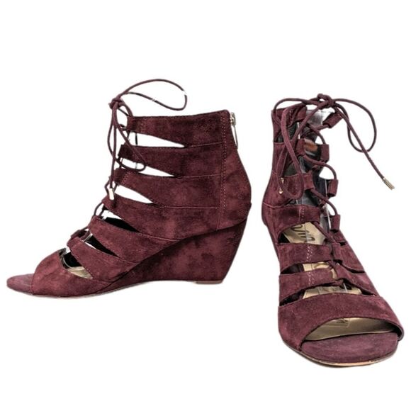 SAM EDELMAN Santana Suede Lace Up Wedge Caged Sandals 6 - Picture 4 of 10